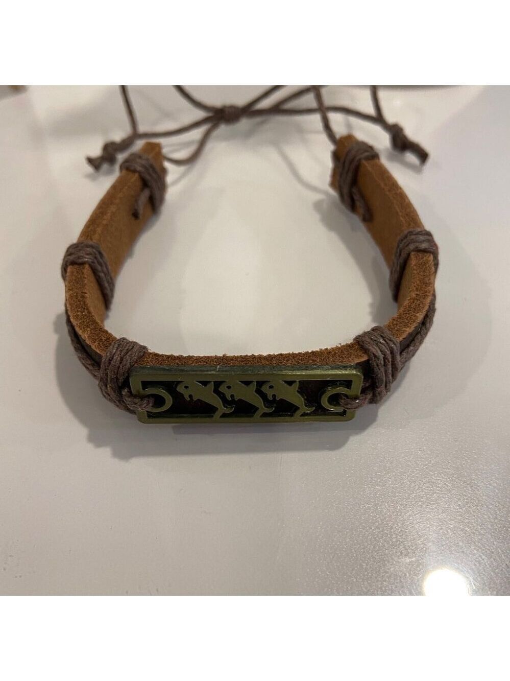 Adjustable Leather & Hemp Cord Bracelet With whales Engraved Metal Plate